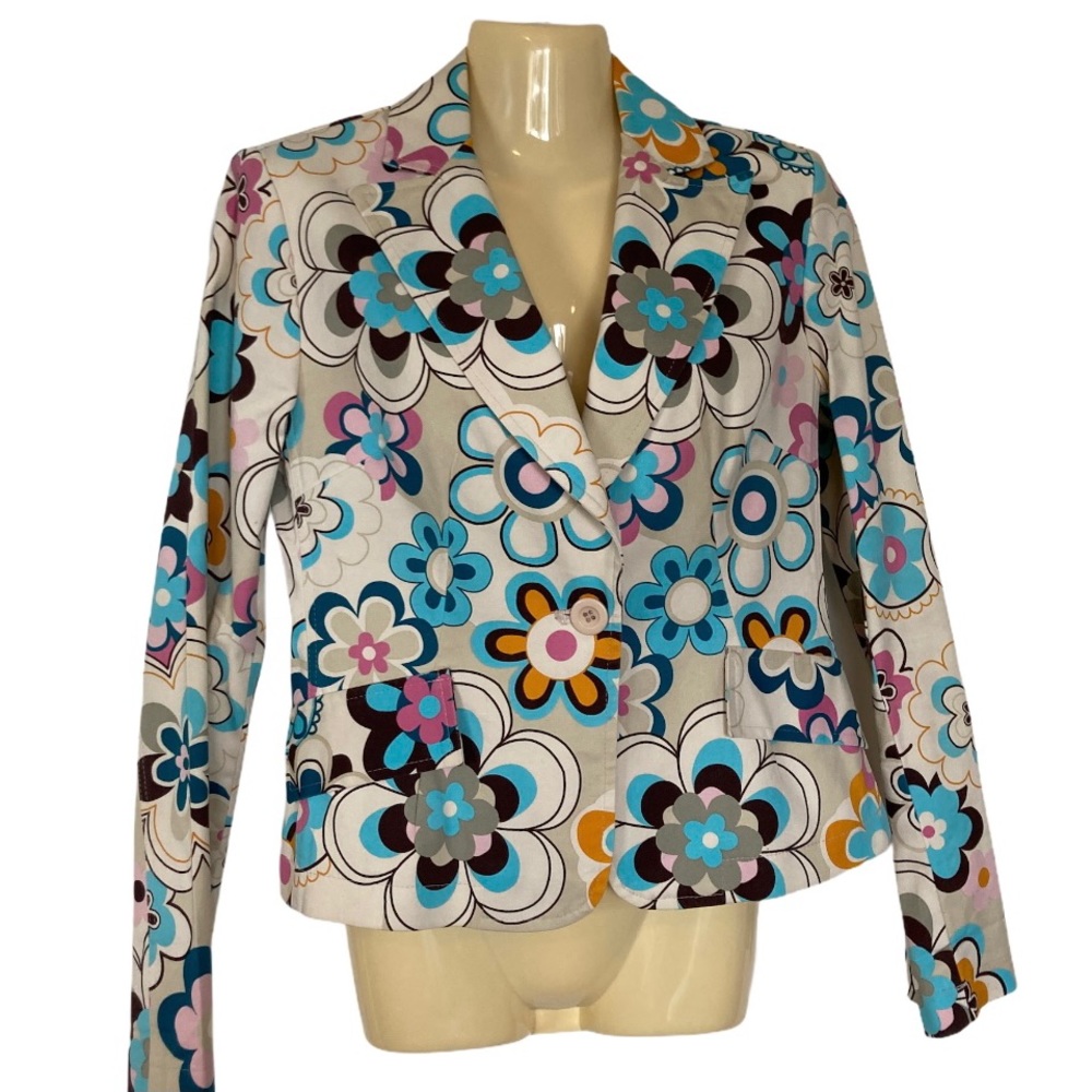 Zinc Daisy Flower Print Blazer Jacket Floral One Button Retro Bohemian Medium